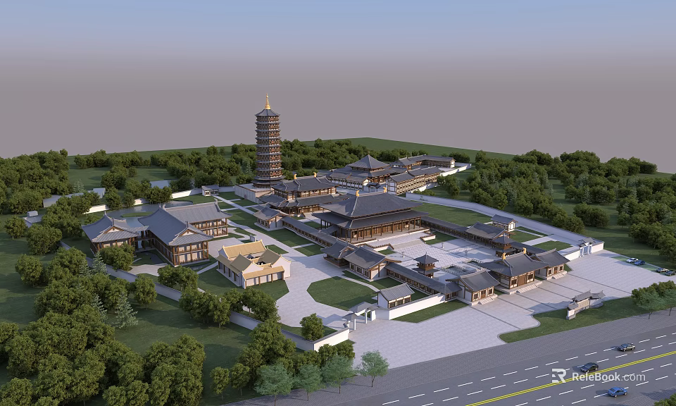 Ancient Architecture Complex With Traditional Style Pagoda Courtyard And Green Surroundings 3d model 