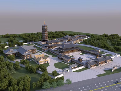 Ancient Architecture Complex With Traditional Style Pagoda Courtyard And Green Surroundings 3d model