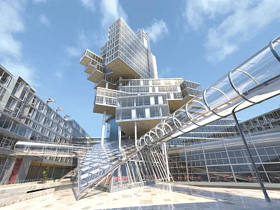 Future Architecture Showcasing Tall Glass Facade Modern Design And Transparent Walkways 3d model