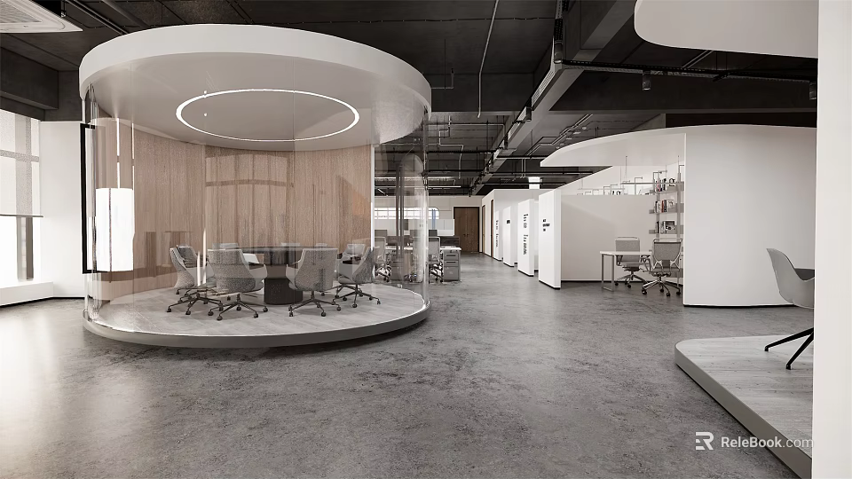 Modern Public Office Area With Open Layout Circular Meeting Space And Wooden Walls 3d model 