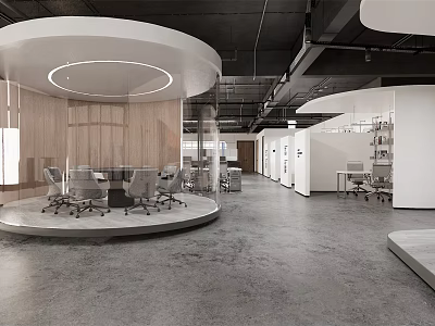 Modern Public Office Area With Open Layout Circular Meeting Space And Wooden Walls 3d model