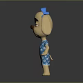 Cartoon Yellow Puppy with Blue Bows Blue Dress White Paw Prints Sad Expression Gray Background
