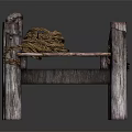 Wooden Dock Structure With Weathered Planks And Coiled Ropes On Wooden Posts