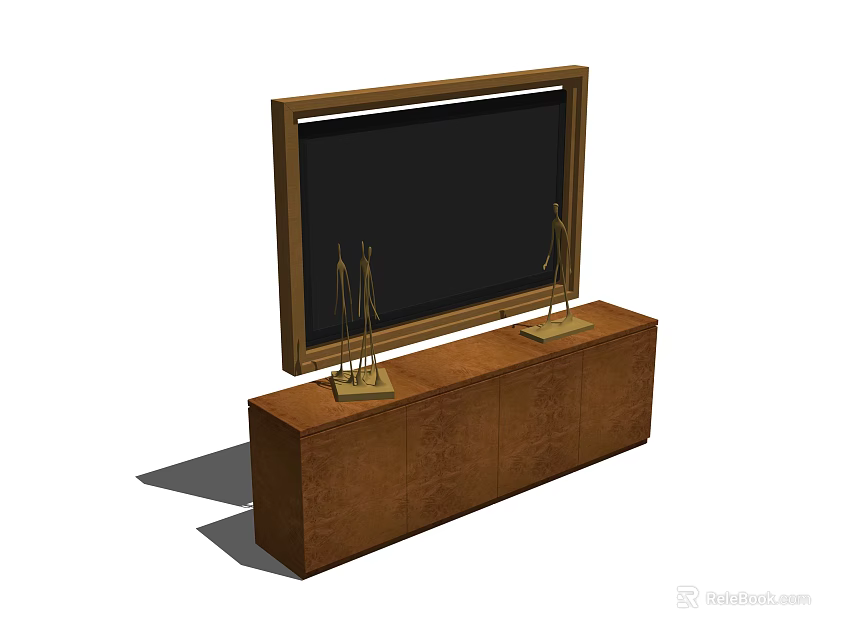 Wooden Brown TV Stand With Black Flat Screen TV And Golden Decor 3d model 