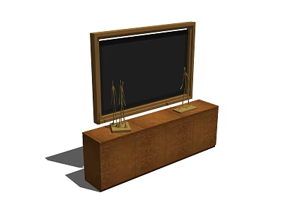 Wooden Brown TV Stand With Black Flat Screen TV And Golden Decor 3d model