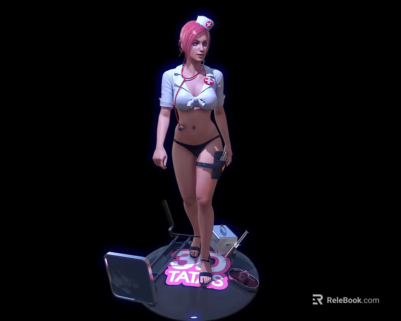 Woman With Pink Hair In Bikini Style Nurse Costume Holding Object On TAXI Base 3d model 