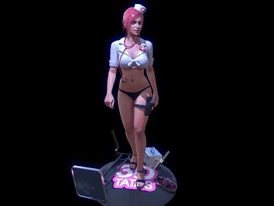 Woman With Pink Hair In Bikini Style Nurse Costume Holding Object On TAXI Base 3d model