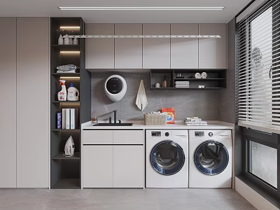Modern Home Balcony Laundry Area With Double Washing Machines Sink Countertop And Storage Cabinets 3d model