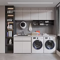Modern Home Balcony Laundry Area With Double Washing Machines Sink Countertop And Storage Cabinets