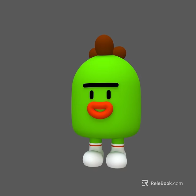 Green Cartoon Character With Brown Top Decorations Black Eyebrows Red Mouth And Striped White Shoes 3d model 