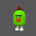Green Cartoon Character With Brown Top Decorations Black Eyebrows Red Mouth And Striped White Shoes