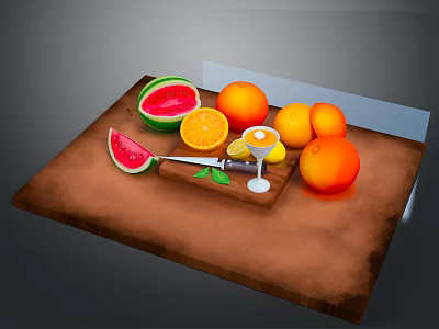 Fresh Plant Fruits on Wooden Cutting Board with Watermelon Oranges Lemon Slices and Knife 3d model