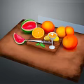 Fresh Plant Fruits on Wooden Cutting Board with Watermelon Oranges Lemon Slices and Knife