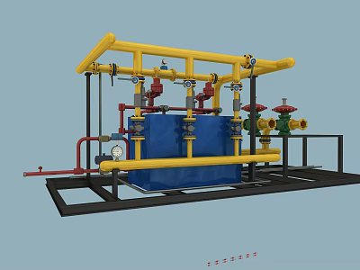 Industrial Pipeline System With Yellow And Red Pipes Valves Gauges And Blue Equipment 3d model