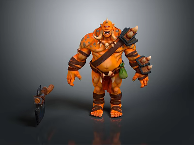Male Warrior Character With Orange Skin Tusks Muscular Build And Battle Axe 3d model