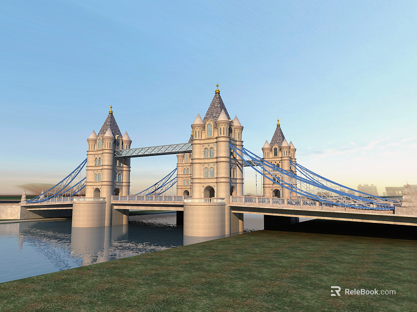 Scenic Landscape Bridge With Tower Spires Blue Cables And Reflection Spanning Water Under Blue Sky 3d model 