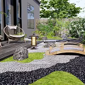 Japanese Courtyard Garden With Wooden Deck Stone Lanterns Small Bridge Green Plants And Bamboo Fence