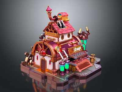 Cartoon Shop Building with Colorful Roof Chimney Decorative Windows Green Bottles Gear Elements on Platform 3d model
