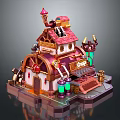 Cartoon Shop Building with Colorful Roof Chimney Decorative Windows Green Bottles Gear Elements on Platform