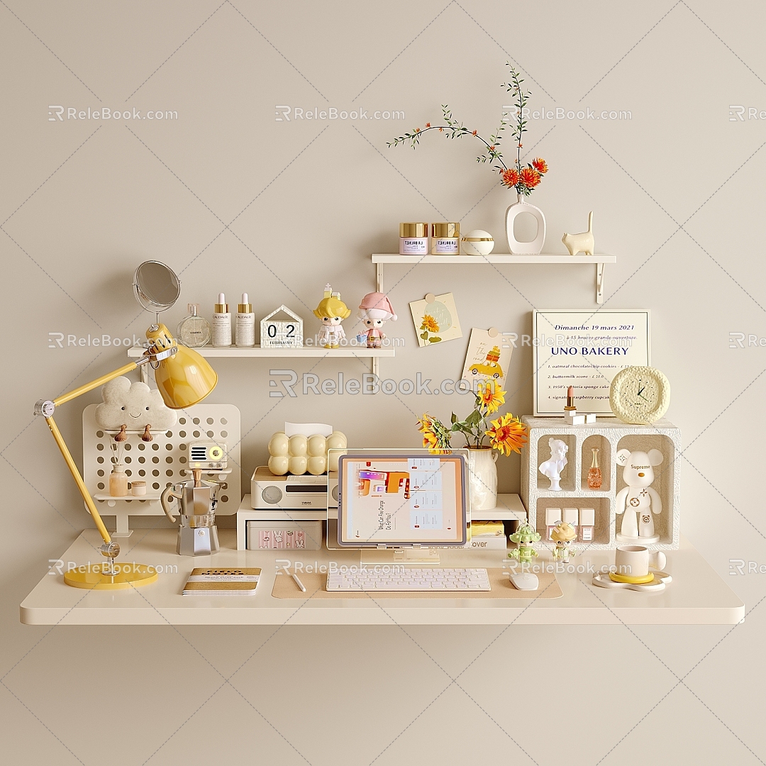 Desk Computer Desk Study Desk Children's Desk Cosmetic Table Lamp Computer Vase Wall Storage Rack 3d model