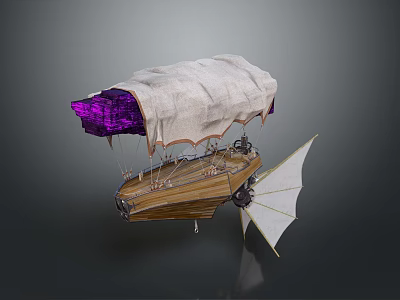 Steampunk Flying Vessel with White Canvas Canopy Purple Interior Wooden Structure and White Wings 3d model