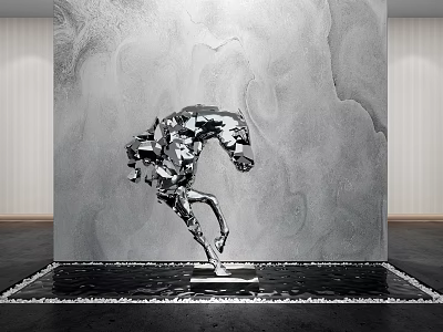 Modern Dynamic Horse Metal Sculpture With Running Pose And Gray Wall Reflective Floor 3d model
