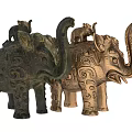 Intricate Elephant Sculptures With Baby Elephants On Back And Carved Patterns