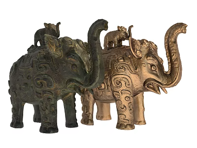 Intricate Elephant Sculptures With Baby Elephants On Back And Carved Patterns 3d model