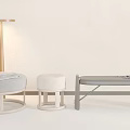 Gray Single Sofa With Blanket Wooden Stool Bench And Floor Lamp Against Light Wall