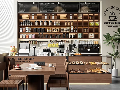 Coffee Shop Front Counter with Menu Boards Coffee Machine Pastry Display Case and Tables Chairs 3d model