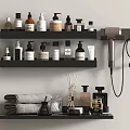 Bathroom Accessories Organized on Black Shelves With Toiletries Hair Dryer Towels and Aromatherapy Sticks