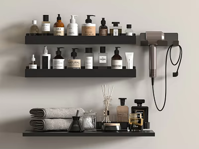 Bathroom Accessories Organized on Black Shelves With Toiletries Hair Dryer Towels and Aromatherapy Sticks 3d model