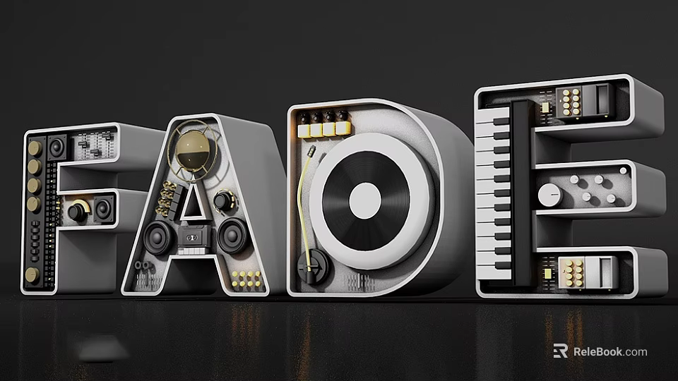 Creative FADE Letters Design With Speakers Vinyl Record And Piano Keys 3d model 