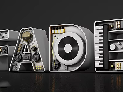 Creative FADE Letters Design With Speakers Vinyl Record And Piano Keys 3d model