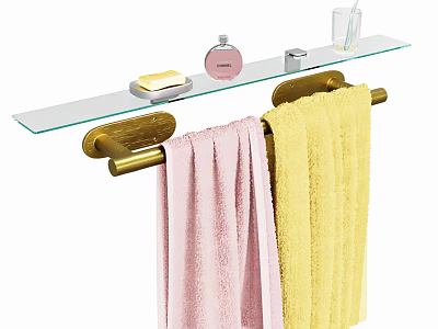 Golden Towel Rack With Glass Shelf Holding Soap Perfume Bottle And Colorful Towels 3d model