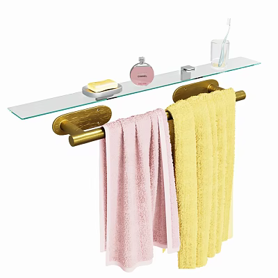 Golden Towel Rack With Glass Shelf Holding Soap Perfume Bottle And Colorful Towels 3d model