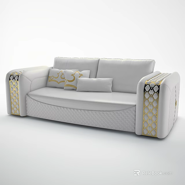 Elegant White Sectional Sofa With Gold Accents Geometric Armrest And Plush Cushions 3d model 