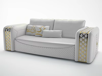 Elegant White Sectional Sofa With Gold Accents Geometric Armrest And Plush Cushions 3d model