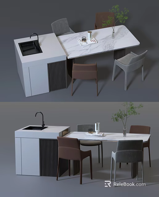 Modern Dining Table Set With Marble Top Kitchen Area Chairs And Green Plants 3d model