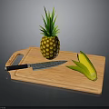 Wooden Cutting Board With Fresh Pineapple Sharp Knife And Corn Ears