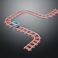 Toy Train Track Set With Curved Orange And White Sections And Blue Toy Car