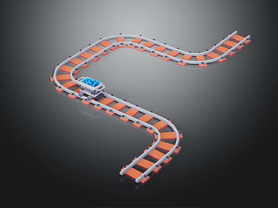 Toy Train Track Set With Curved Orange And White Sections And Blue Toy Car 3d model