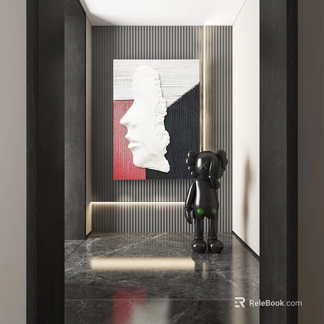 Abstract Painting With Geometric Colors In Modern Interior Striped Wall Marble Floor And Black Sculpture 3d model 
