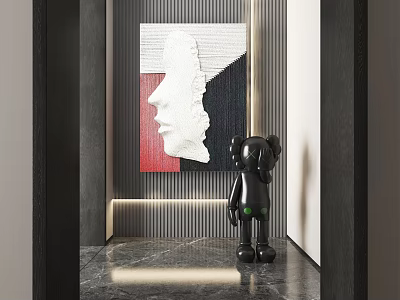 Abstract Painting With Geometric Colors In Modern Interior Striped Wall Marble Floor And Black Sculpture 3d model
