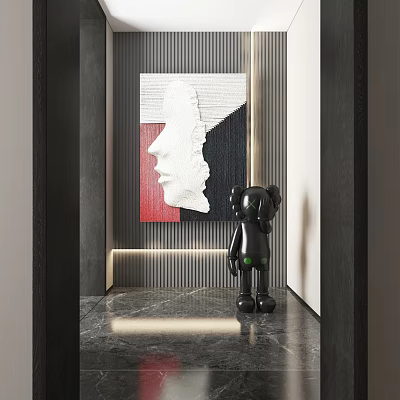 Abstract Painting With Geometric Colors In Modern Interior Striped Wall Marble Floor And Black Sculpture 3d model