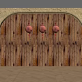 Brown Wooden Wall With Three Copper Pot Shaped Objects Hanging And Red Decorations