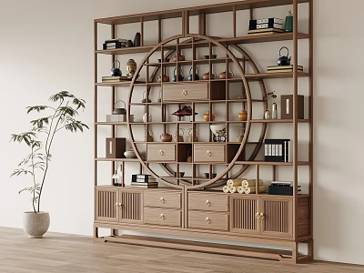 Traditional Wooden Chinese Display Shelf with Circular Design Decorative Items Teacups Books Drawers Cabinets 3d model