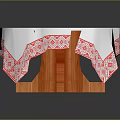 Round Table With White Tablecloth Red Geometric Pattern Embroidery And Wooden Base 3d model