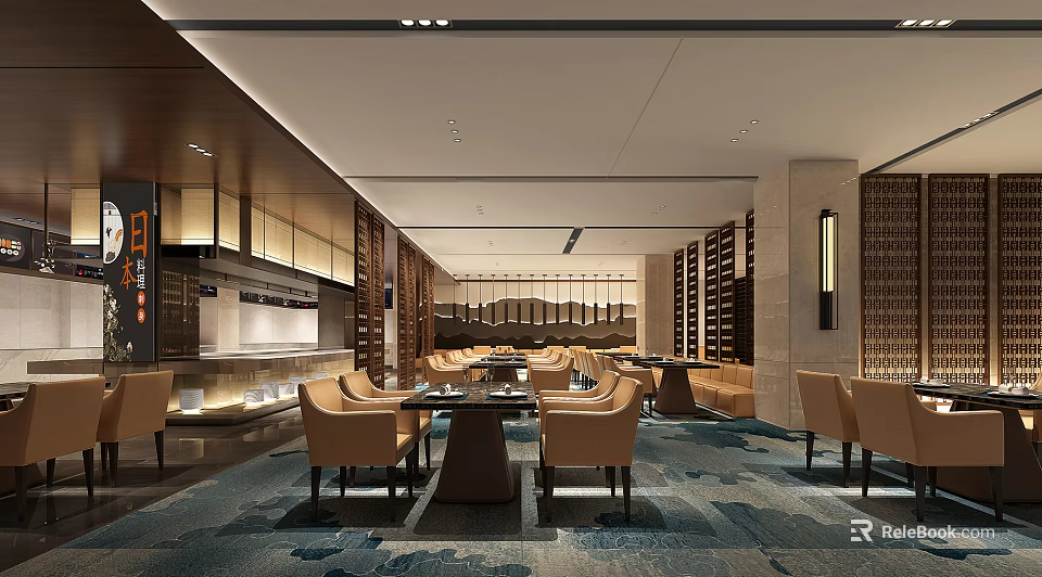 Elegant Restaurant Interior With Beige Chairs Dining Tables Patterned Carpet And Wine Racks 3d model