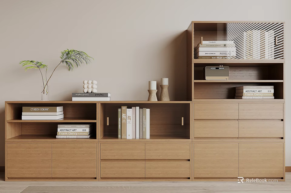 Modern Wooden Bookshelf With Multiple Shelves Drawers Books And Green Plant Decor 3d model 